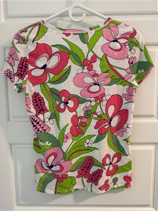 Talbots Flowered 100% Cotton T-Shirt with Lace Neck Detail, Size Small Petite - Picture 2 of 4